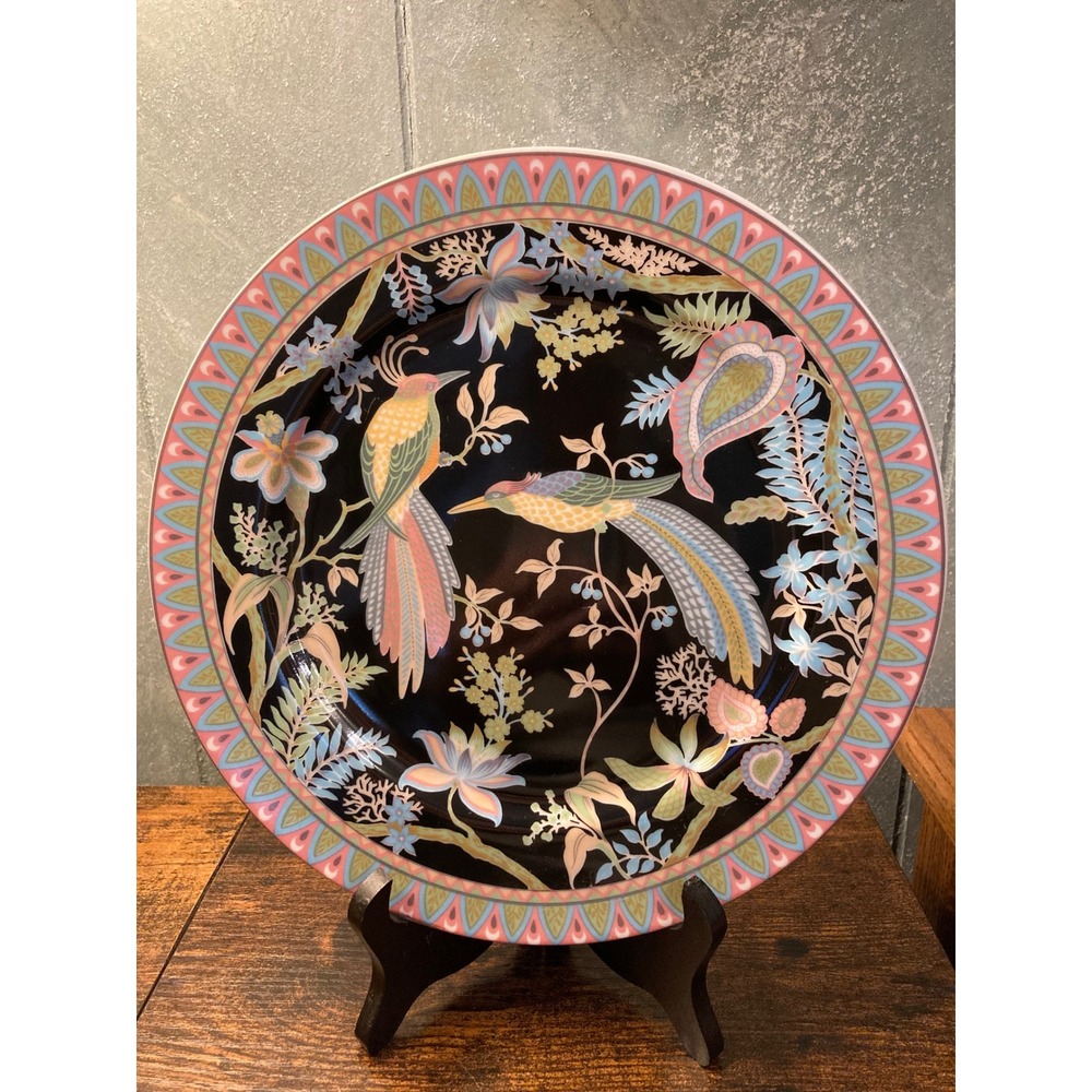 Vintage Japanese Porcelain Bird of Paradise Decorative Plate Black Chinoiserie